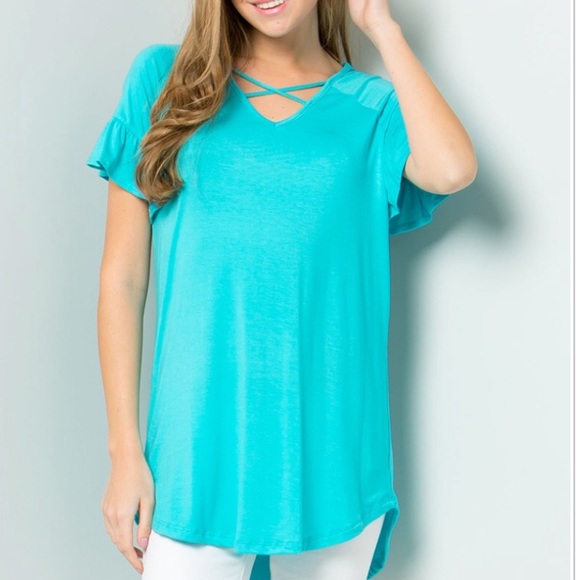💥SALE💥Turquoise Blue Short Sleeve Tunic Top - Picture 2 of 4
